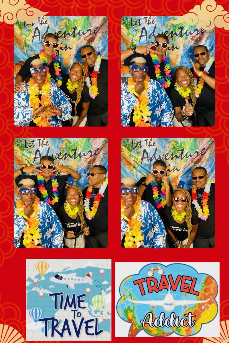 Four-photo strip of a group in colorful leis and sunglasses striking silly poses, on a bold red travel-themed layout