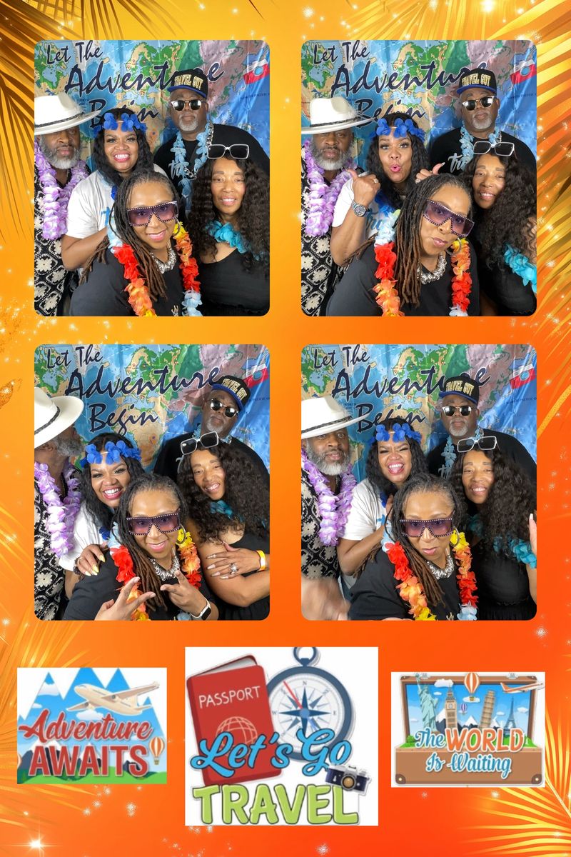 Four-photo strip of a group of friends in colorful leis and sunglasses in front of a world map backdrop, on an orange travel-themed layout