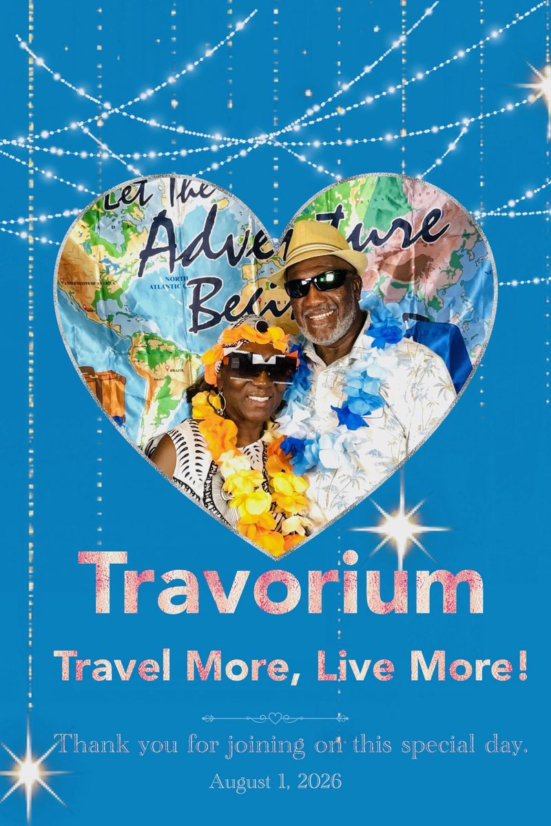 A smiling couple in leis and sunglasses framed in a heart shape on a sparkling blue photo layout