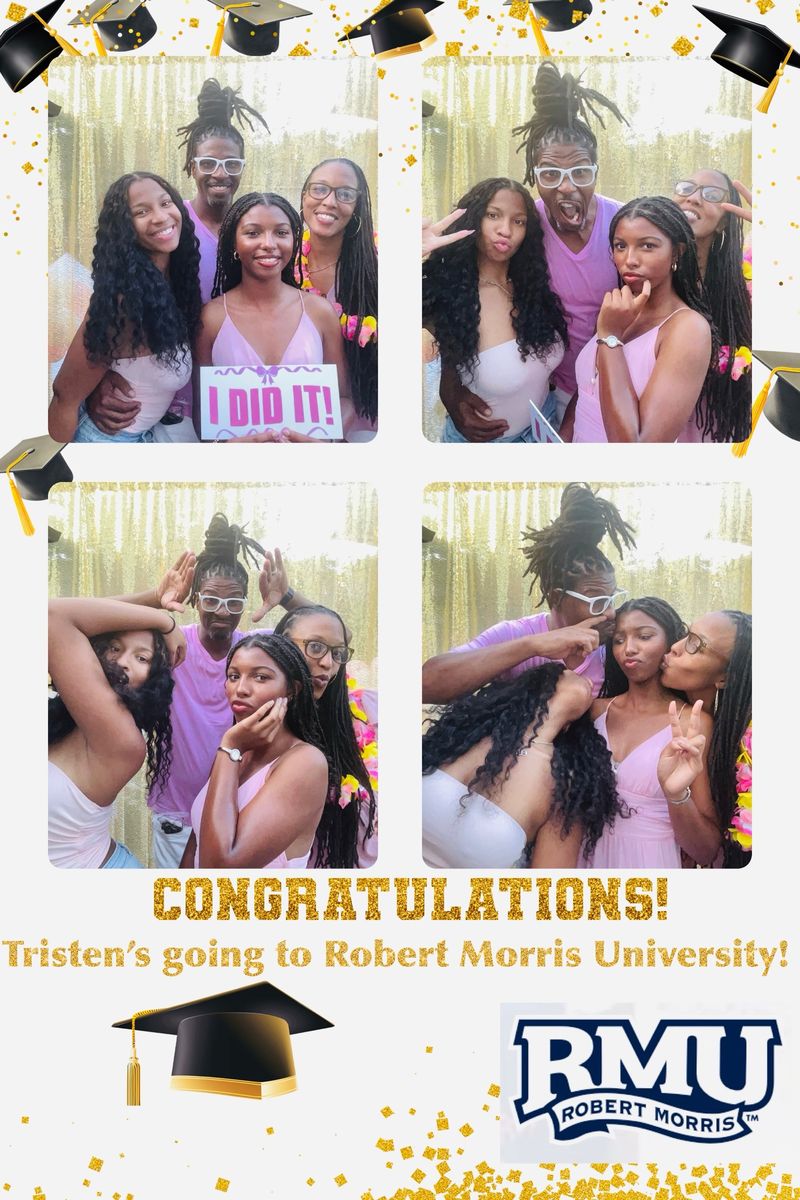 Four-photo strip of a family celebrating a college acceptance, holding an I Did It sign, on a white and gold graduation-themed layout