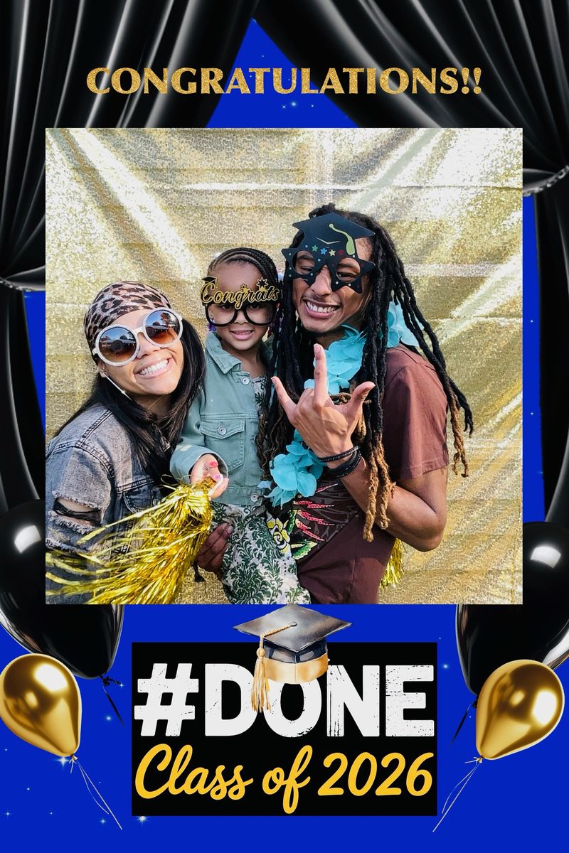 A family of three in fun glasses and leis celebrating a graduation, on a blue and gold Class of 2026 photo layout